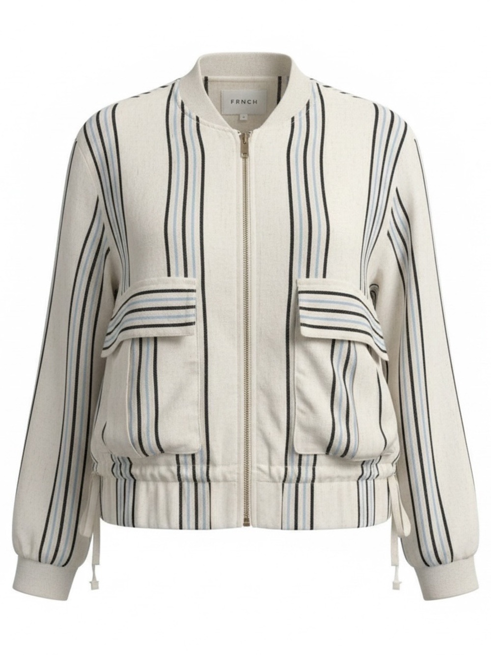 FRNCH Cream Bomber Jacket with Blue and Black Stripes